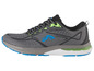 Graue Laufschuhe mit blauen und grünen Akzenten