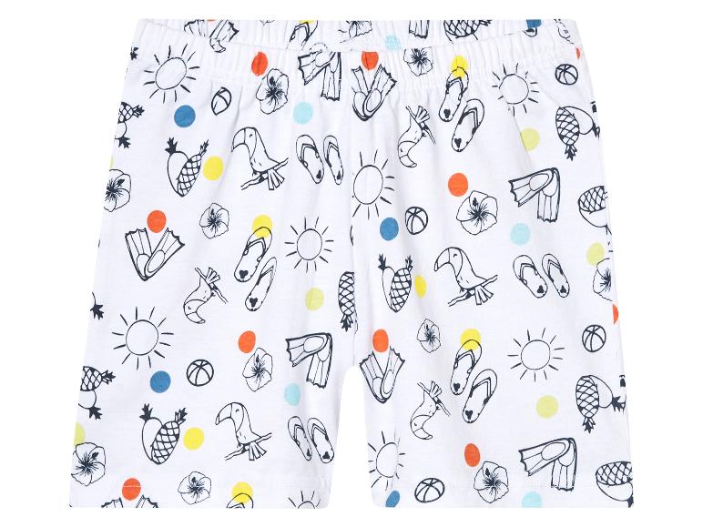 Kinder-Shorts mit Sommermotiv: Tukane, Ananas, Flossen und Flip-Flops.