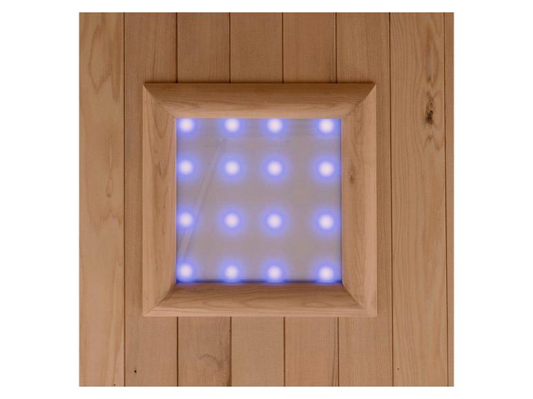 Holzpaneel mit einem quadratischen Fenster, das blaue LED-Lichter zeigt.