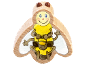 Spielfigur aus Holz in Form einer lächelnden Biene mit Honigtopf.