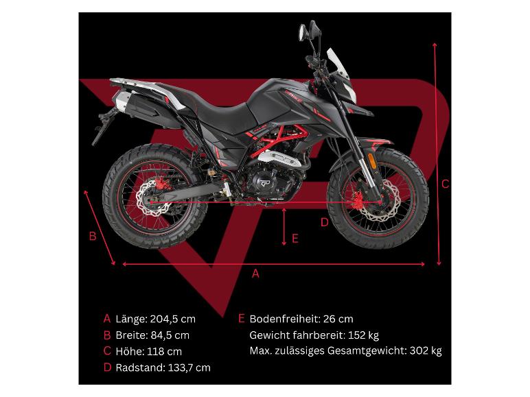 PRIKE PXA Adventure 125 ccm Motorrad mit Maßen und technischen Spezifikationen.