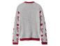 Grauer Pullover mit roten Herzen und Zuckerstangen auf den Ärmeln, mit rotem Kragen und Saum.