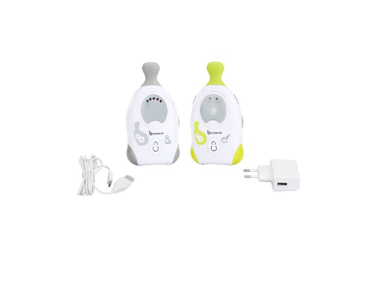 Babyphone-Set mit zwei Einheiten, USB-Kabel und Ladegerät.
