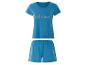 Blauer Kurzpyjama: Oberteil mit dem Aufdruck „Weekend“ und passende Shorts.