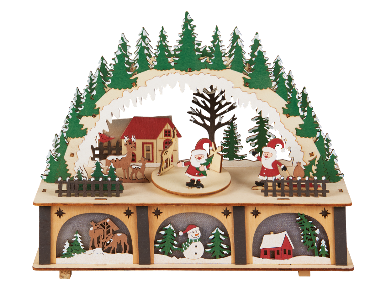 Weihnachtlicher Schwibbogen aus Holz mit LED-Beleuchtung und Winterszene