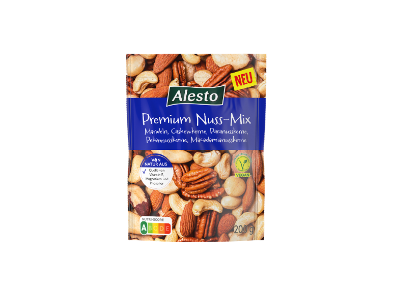 Premium Nuss-Mix mit Mandeln, Cashewkernen, Paranusskernen, Pekannusskernen und Macadamianusskernen, Nutri-Score A.