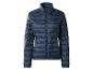 Dunkelblaue Damen-Steppjacke mit Stehkragen und Reißverschluss.