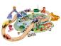 Holzeisenbahn-Set mit Dinosaurier-Thema, Fahrzeugen und Zeichentrickfiguren.