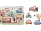 Holzpuzzle mit Fahrzeugen: Zug, Hubschrauber, Roller, Auto und Schiff.
