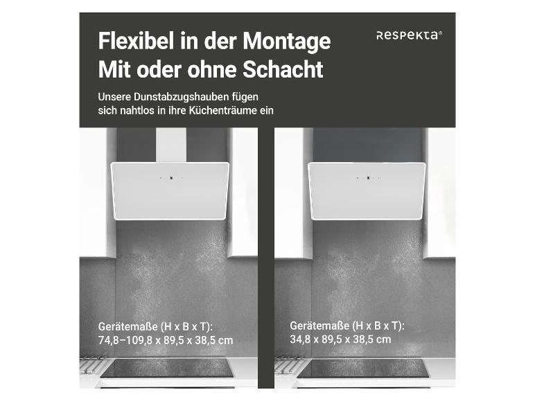 Zwei Dunstabzugshauben, eine mit und eine ohne Schacht, mit Maßen.