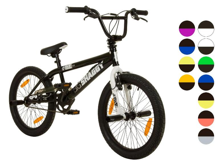 Schwarz-weißes Big Shaggy BMX-Fahrrad mit 20-Zoll-Rädern und Farboptionen.