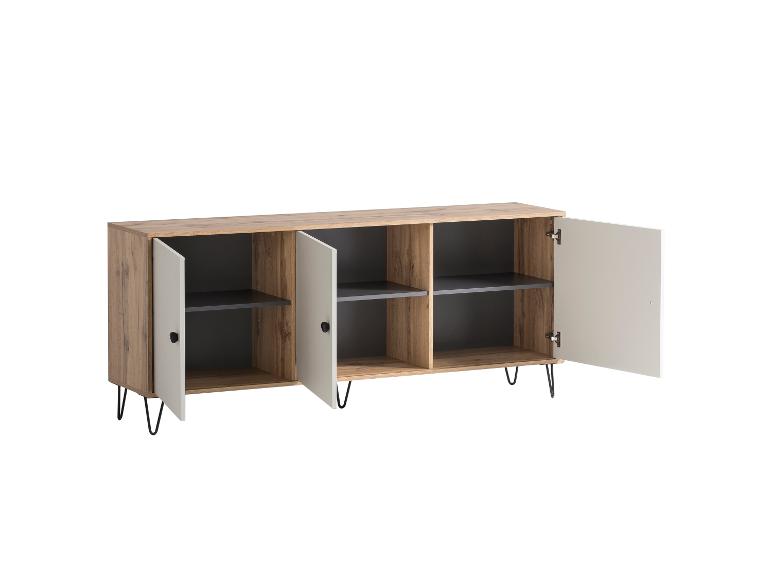 Holz- und graues Sideboard mit schwarzen Haarnadelbeinen, Türen offen
