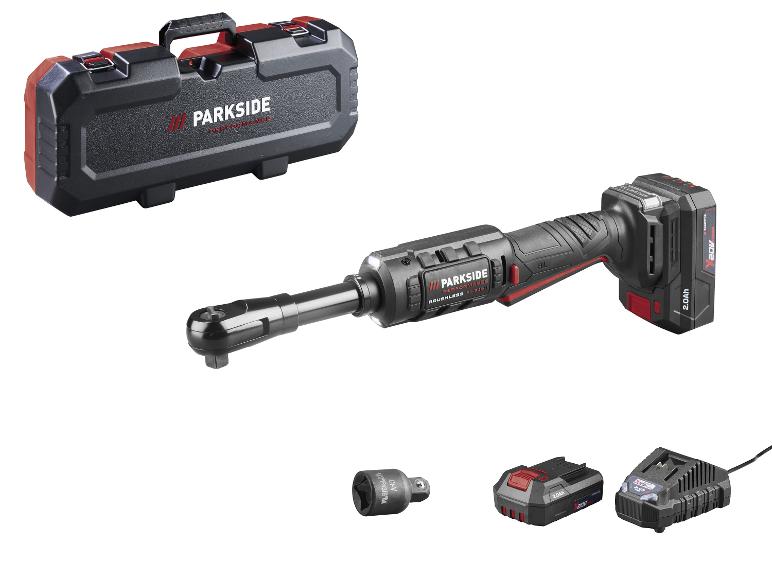 Akku-Ratschenschlüssel-Set mit Koffer, Akku, Ladegerät und Adapter.