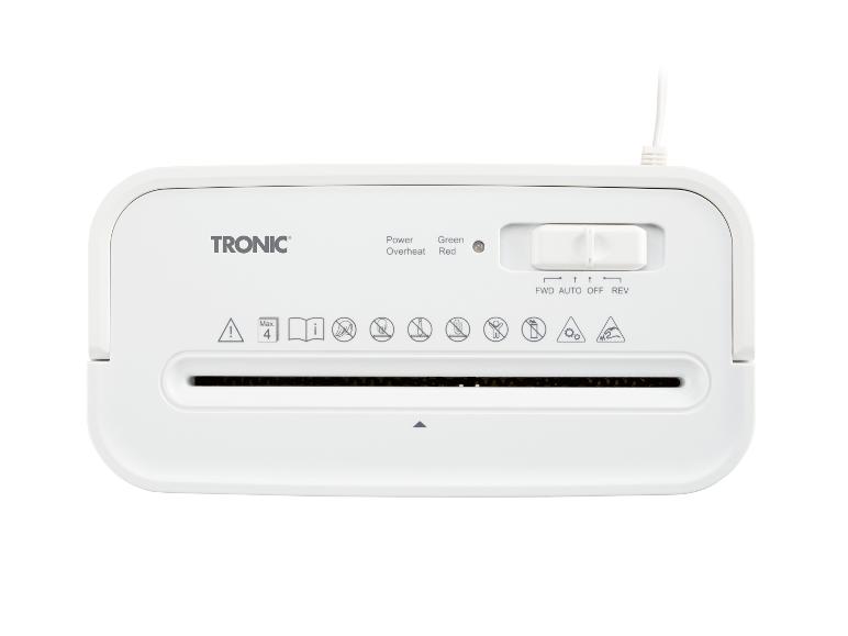 Weißer Tronic Aktenvernichter mit Bedienelementen und Sicherheitssymbolen.