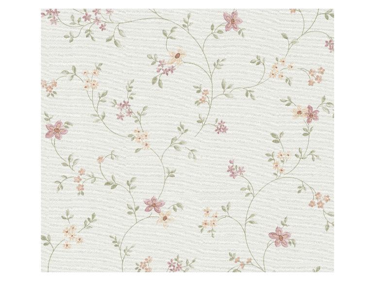 Blumentapete mit zarten rosa und pfirsichfarbenen Blüten auf gewundenen grünen Ranken.