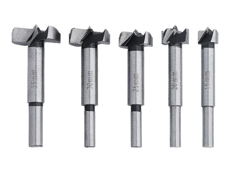 Satz aus fünf Holzbohrern mit Durchmessern von 15 mm, 20 mm, 25 mm, 30 mm und 35 mm.