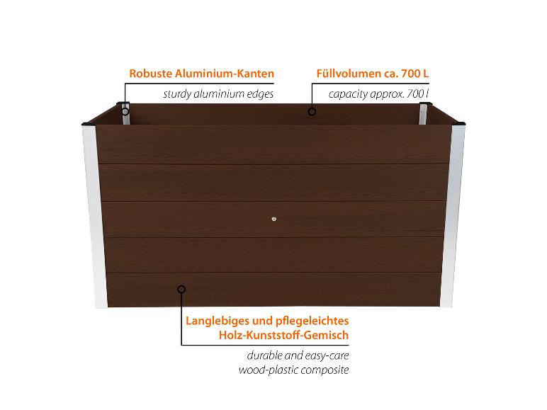 Brauner Pflanzkübel mit robusten Aluminiumkanten, ca. 700 L Fassungsvermögen, aus langlebigem Holz-Kunststoff-Gemisch.