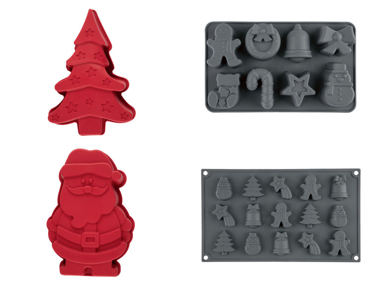 Weihnachtsformen zum Backen, darunter ein Weihnachtsbaum, Weihnachtsmann und verschiedene andere Formen.