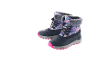 Kinder-Schneestiefel mit blau-rosa Blumenmuster und fuchsiafarbener Sohle.