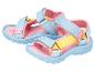 Bunte Kindersandalen in Pink, Blau und Gelb mit Klettverschlüssen.