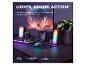 Gaming-Lautsprecherset mit RGB-Beleuchtung, Tastatur und Maus auf einem Schreibtisch, mit dem Text „LIGHTS, SOUND, ACTION!“