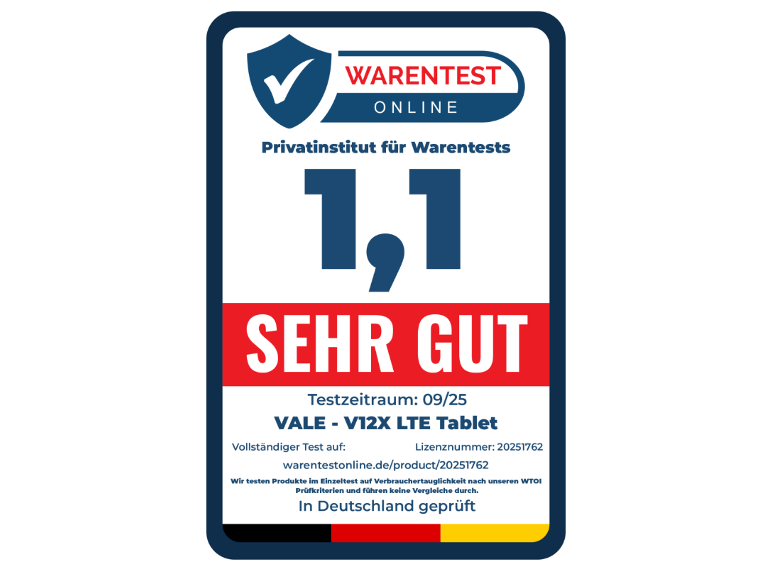 Warentest Online-Zertifikat für das VALE - V12X LTE Tablet, bewertet mit „SEHR GUT“ (sehr gut) 1,1.