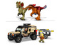 LEGO Jurassic World Set mit einem Jeep, zwei Dinosauriern und Minifiguren.