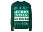 Ein grüner Weihnachtspullover mit dem Schriftzug 'Holly Jolly Merry Xmas'.