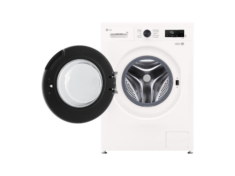 Weiße LG Waschmaschine mit offener Tür, zeigt die Trommel und das Bedienfeld.