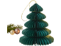 Grüner Papier-Weihnachtsbaum mit Ornamenten und einem Tannenzweig.