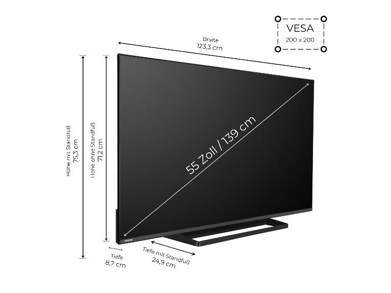 Ein schwarzer Toshiba Fernseher mit 55 Zoll Bildschirm und VESA-Halterung.