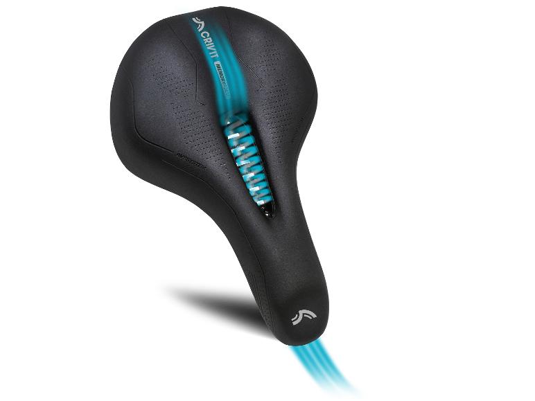 Schwarzer Fahrradsattel mit blauem Einsatz und Schriftzug