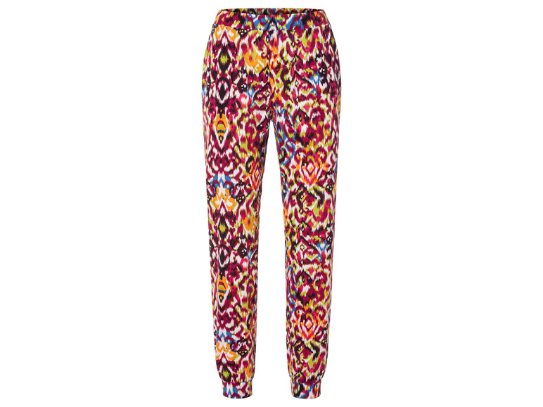 Eine rosafarbene Hose mit einem bunten Ikat-Muster.