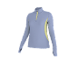 Damen-Sport-Langarmshirt in Hellblau mit gelben Einsätzen und Reißverschluss.