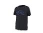 Schwarzes T-Shirt mit blauem Grafikdesign auf der Brust.