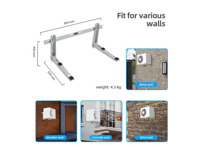AC-Halterung mit Maßen und Wandmontagebeispielen.