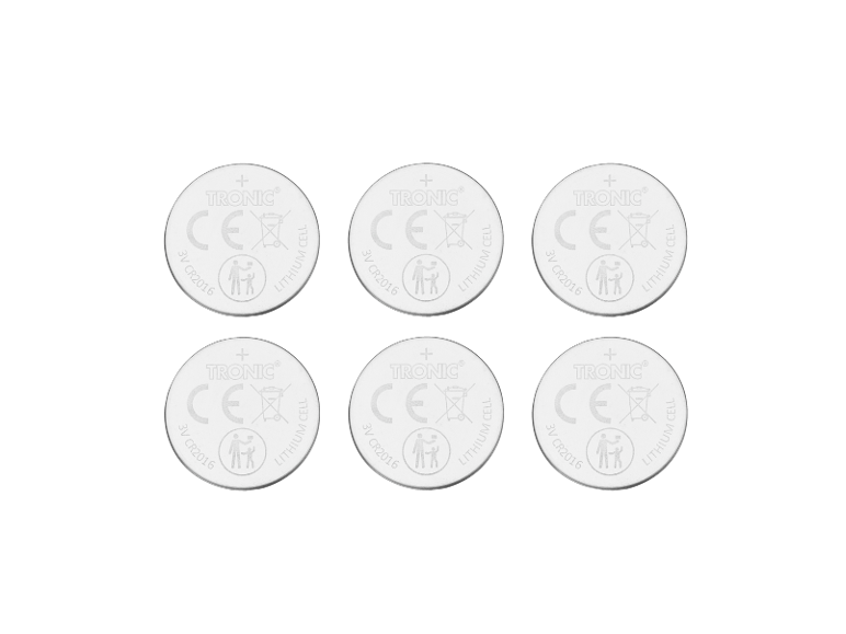 Sechs 3V CR2016 Lithium-Knopfzellen mit CE-Kennzeichnung und Entsorgungssymbolen.