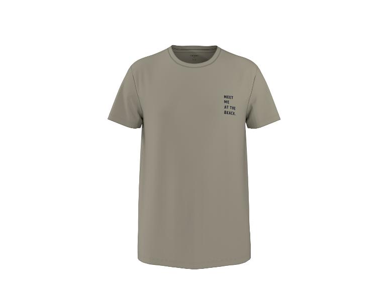 Khakifarbenes T-Shirt mit dem Text „MEET ME AT THE BEACH“ auf der linken Schulter.