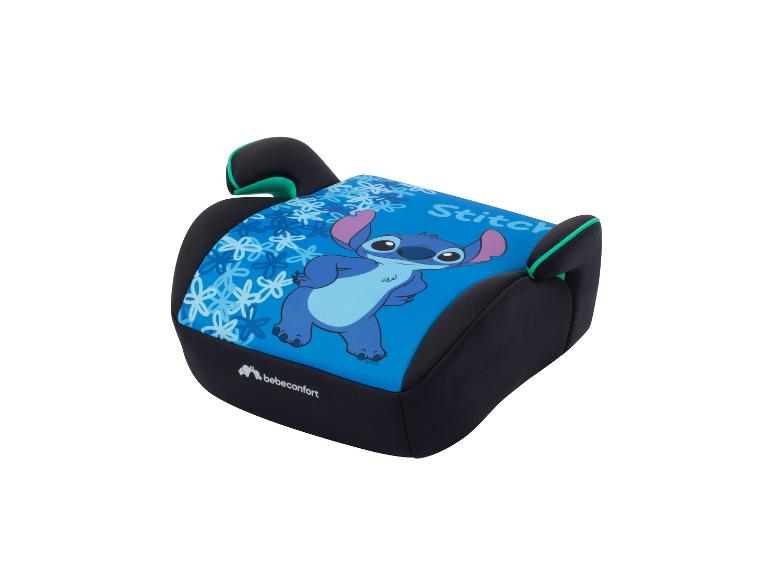 Blauer und schwarzer Kindersitz mit Stitch-Charakter und Blumenmuster.