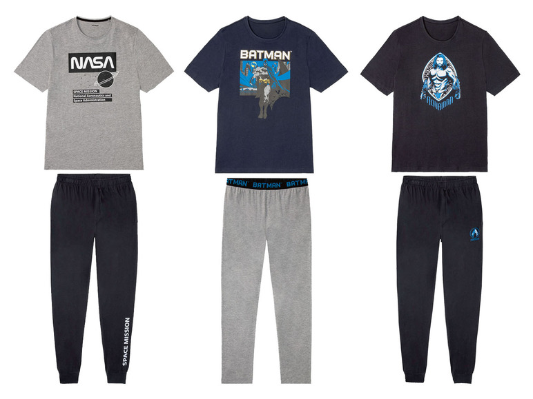 Pyjamas mit NASA, Batman und Aquaman-Prints.