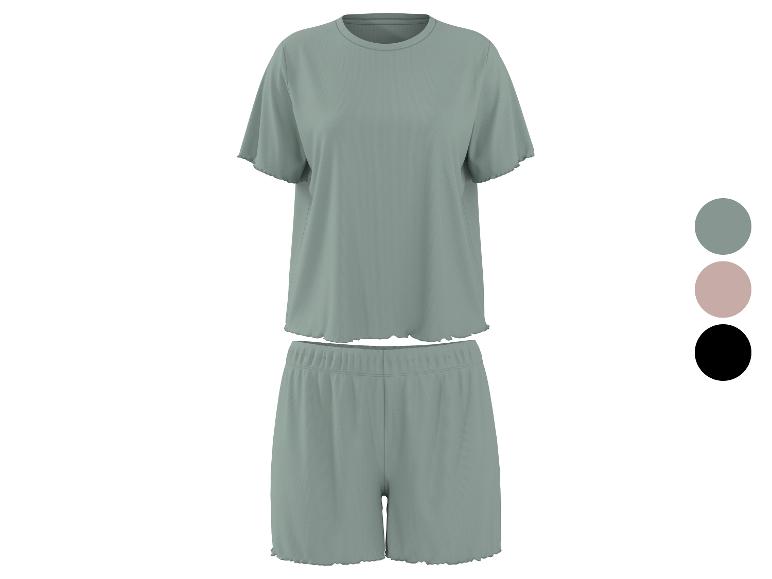 Damen-Pyjama-Set aus T-Shirt und Shorts, in Grün, Rosa und Schwarz.