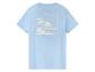 Hellblaues T-Shirt mit Palmen- und Strandmotiv.