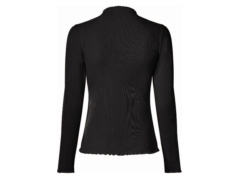 Schwarzes geripptes Langarmshirt mit Stehkragen und Wellensaum.