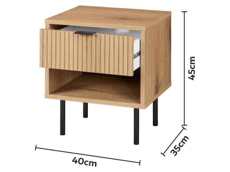 Nachttisch aus hellem Holz mit Schublade, offenem Fach und schwarzen Beinen, Maße 45x40x35cm.