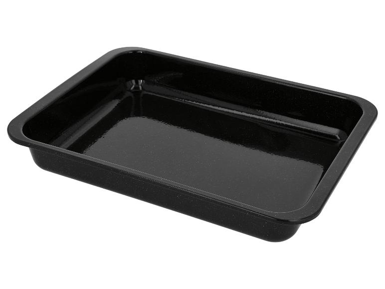 Schwarze rechteckige Auflaufform mit glänzender Oberfläche.