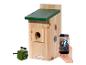 Vogelhaus aus Holz mit grünem Dach, einer Kamera und einem Smartphone, das Vogelbabys zeigt.