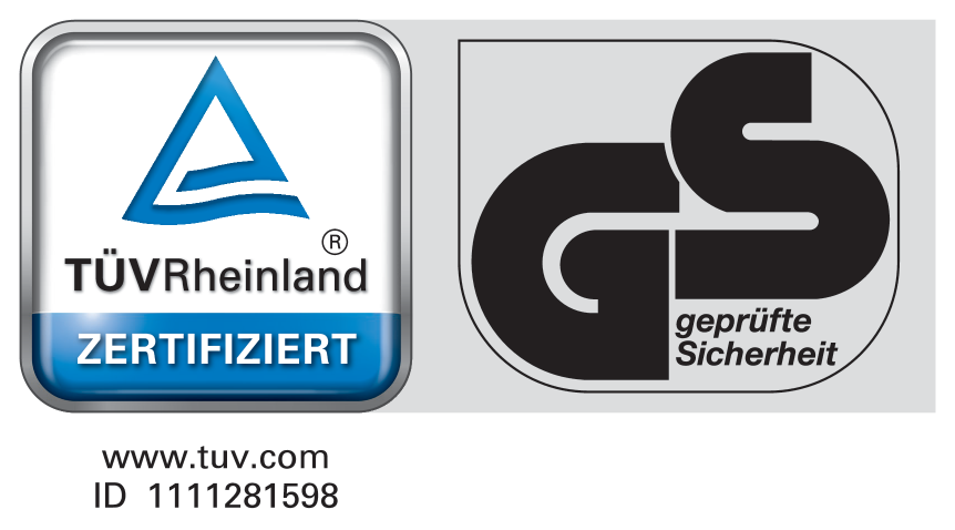 Zertifikat: ZERTIFIZIERT, GS geprüfte Sicherheit. www.tuv.com ID 1111281598.