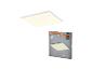 Quadratische LED-Panel-Leuchte mit Verpackung, betont warmes Licht und einfache Montage.
