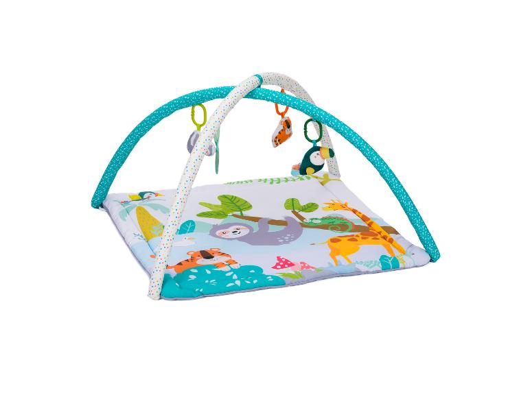 Baby-Spielmatte mit Dschungel-Motiv und hängenden Tieren.