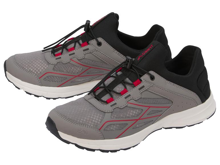 Graue Sportschuhe mit roten Details und elastischen Schnürsenkeln